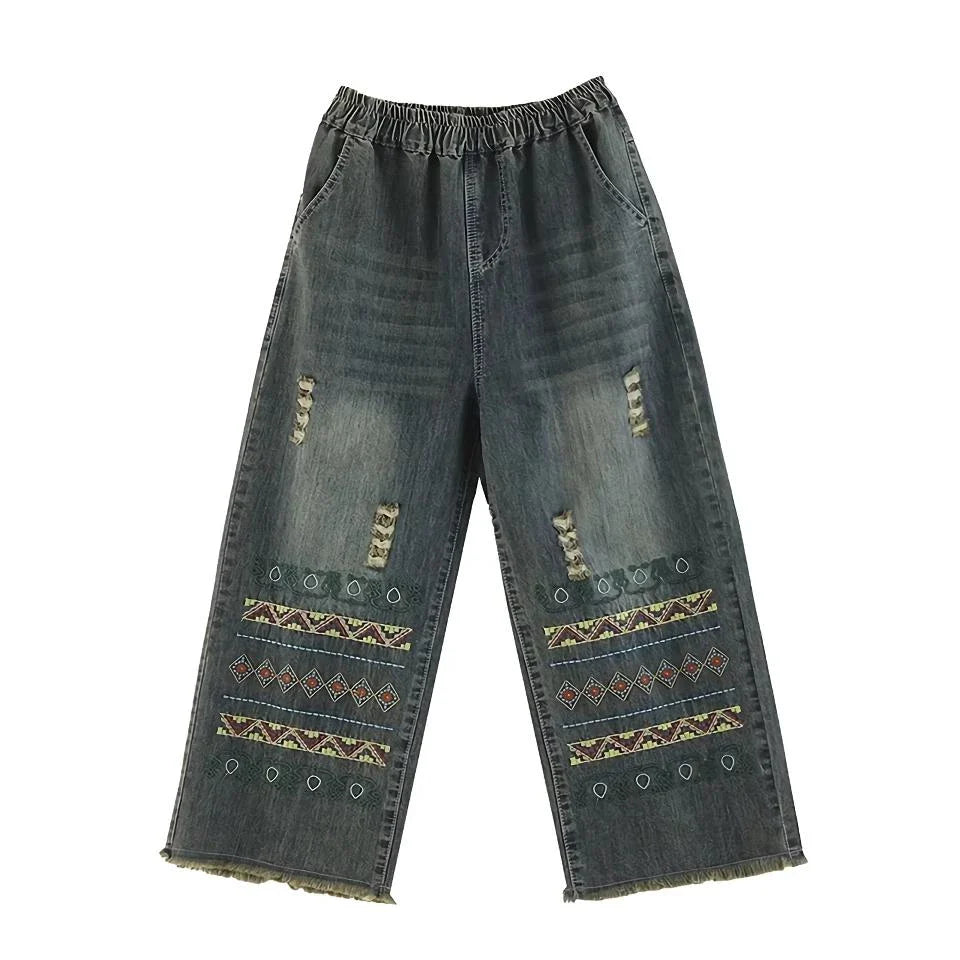 Boho Chic Wide-Leg Jeans with Intricate Vintage Embroidery and Distressed Finish