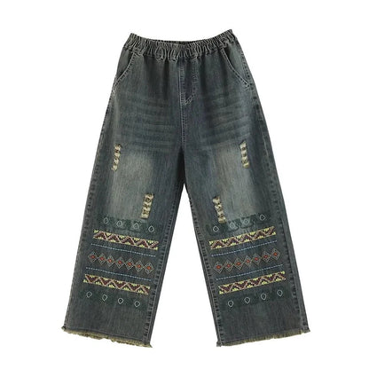 Boho Chic Wide-Leg Jeans with Intricate Vintage Embroidery and Distressed Finish