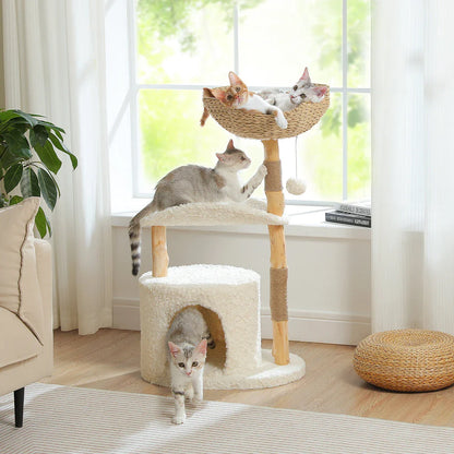 Elegant modern cat tree with woven basket, hammock, and solid wood scratching post for large indoor cats