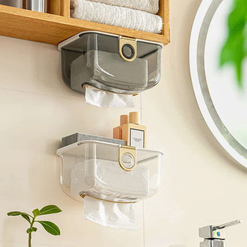 Trendha Modern Wall-Mounted Tissue Box and Storage Dispenser in grey, featuring a sleek and stylish design for bathroom or kitchen organisation.