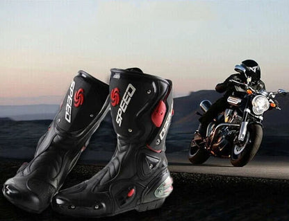 Durable all-weather motorcycle boots with microfiber leather, carbon fibre reinforcements, and shock-absorbing sole for versatile protection and style