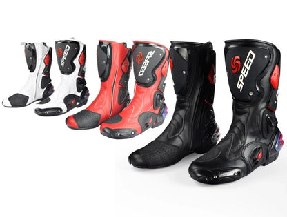 Durable all-weather motorcycle boots with microfiber leather, carbon fibre reinforcements, and shock-absorbing sole for versatile protection and style