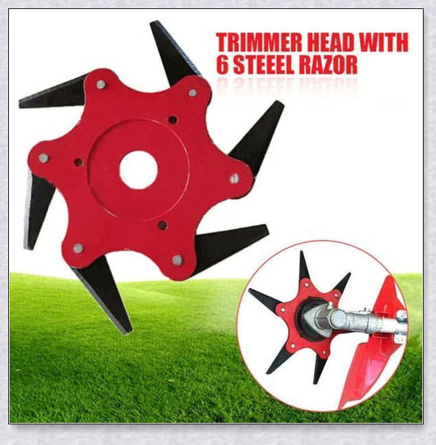 Powerful manganese steel weed trimmer blades with six 360-degree rotating blades for effortless lawn and garden maintenance