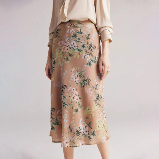 Elegant chiffon floral a-line skirt in coffee colour, perfect for the modern British woman's wardrobe
