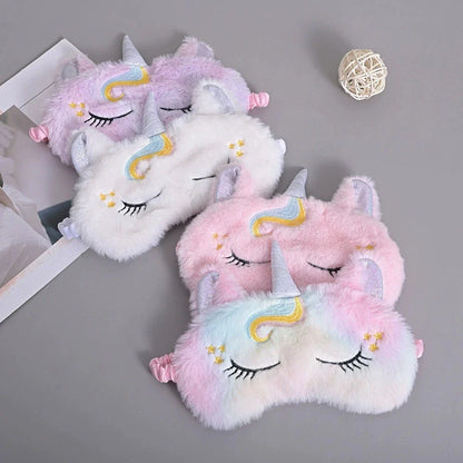 Cosy glitter unicorn sleep mask with plush fabric and adjustable elastic band for a comfortable, customised fit