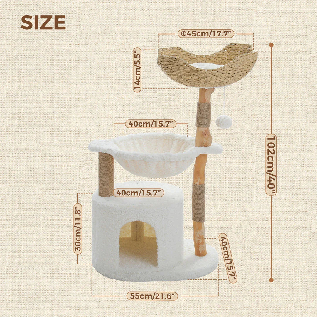 Elegant modern cat tree with woven basket, hammock, and solid wood scratching post for large indoor cats