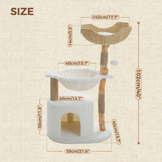 Elegant modern cat tree with woven basket, hammock, and solid wood scratching post for large indoor cats