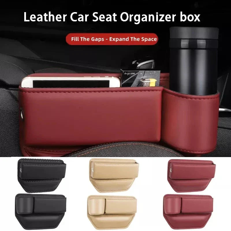 Leather Car Seat Gap Organiser with multiple storage compartments and cup holder, designed for easy installation and a sleek look in your vehicle.