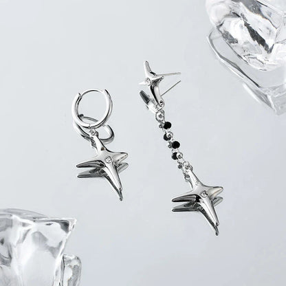 Asymmetric four-star silver needle earrings with a premium design for fashionable women