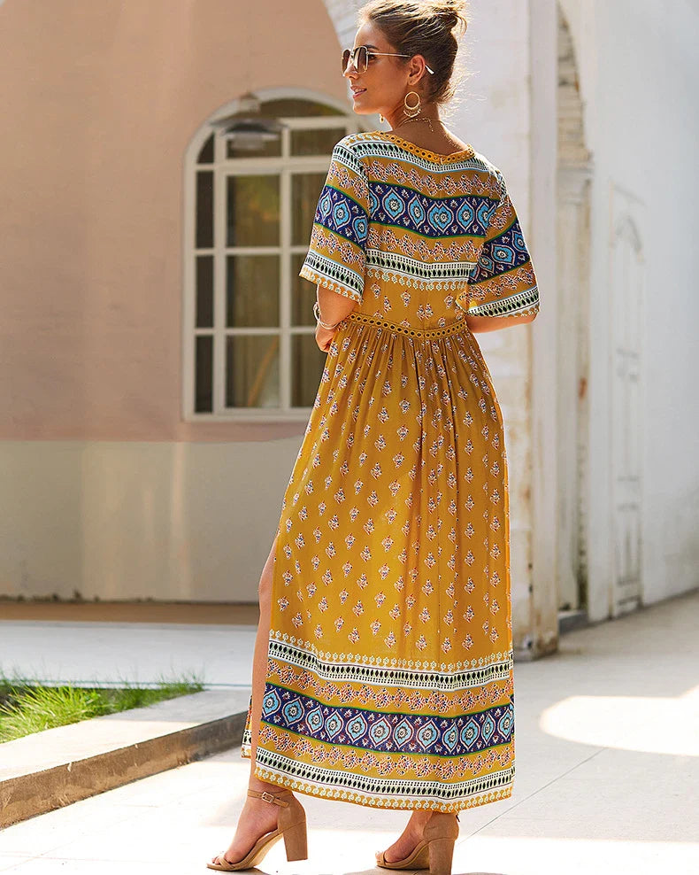 Elegant Bohemian-inspired autumn dress in vibrant yellow, made from premium cotton for a soft and comfortable feel.