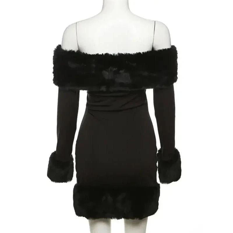 Elegant off-shoulder mini dress with fur trim, perfect for upscale autumn and winter parties