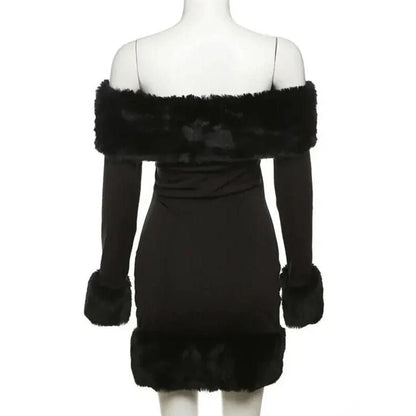 Elegant off-shoulder mini dress with fur trim, perfect for upscale autumn and winter parties