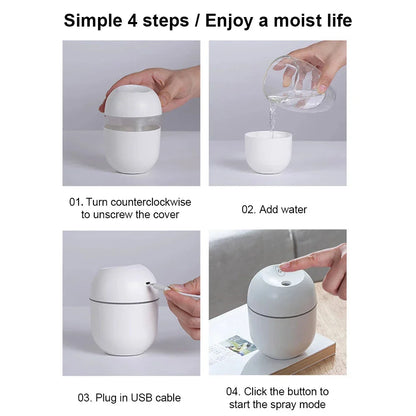 Compact ultrasonic humidifier and aroma diffuser with LED night light, designed for use in home or office spaces.