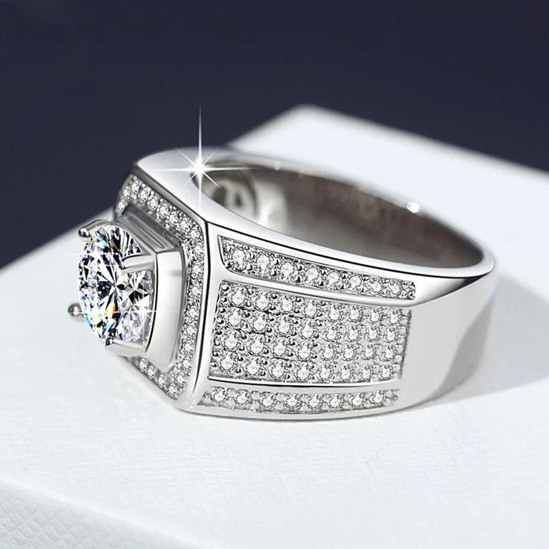 Elegant 2-carat diamond inlaid men's ring with a sleek, geometric design and adjustable fit