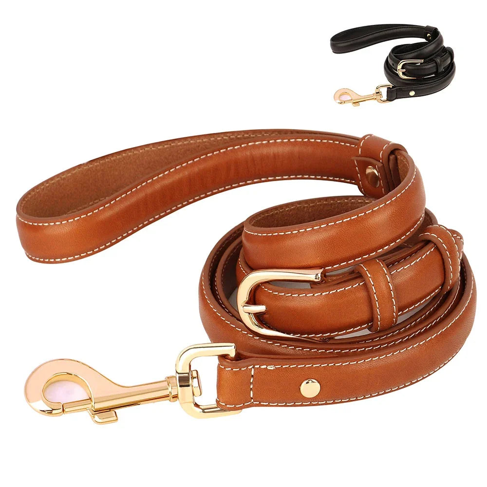 Premium genuine leather dog leash with adjustable length and padded handle, suitable for all breeds