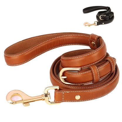 Premium genuine leather dog leash with adjustable length and padded handle, suitable for all breeds