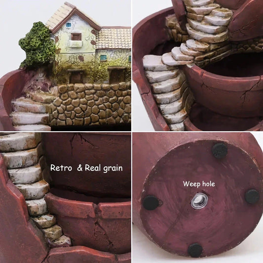 Charming farmhouse-style resin succulent planter with hand-carved pastoral design, adding rustic elegance to home or office decor