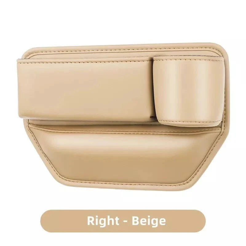 Leather Car Seat Gap Organiser with multiple storage compartments and cup holder, designed for easy installation and a sleek look in your vehicle.
