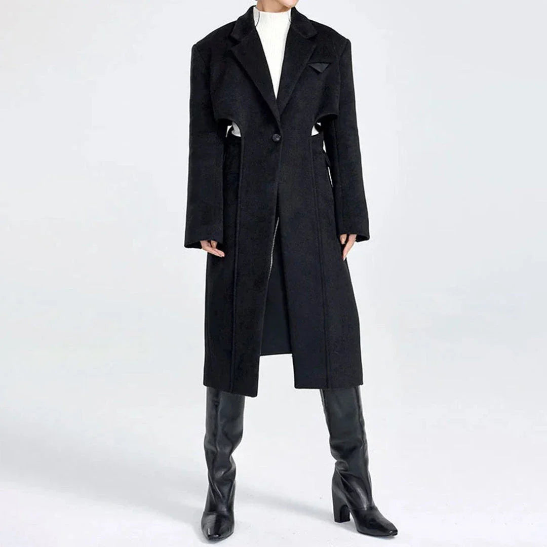 Elegant Autumn-Winter Woollen Overcoat with Waist Cut-Out Design - Premium Quality, Fashionable Silhouette, and Sophisticated Details