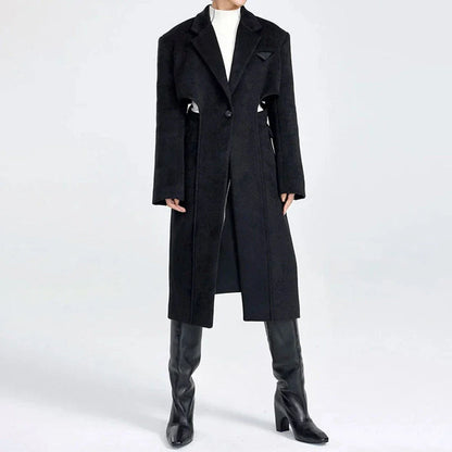 Elegant Autumn-Winter Woollen Overcoat with Waist Cut-Out Design - Premium Quality, Fashionable Silhouette, and Sophisticated Details