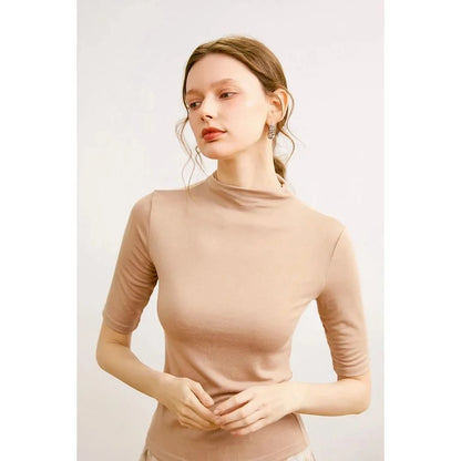 Women's Mock Neck Wool Blend T-Shirt in Pink - Elegant and Comfortable British-Inspired Design