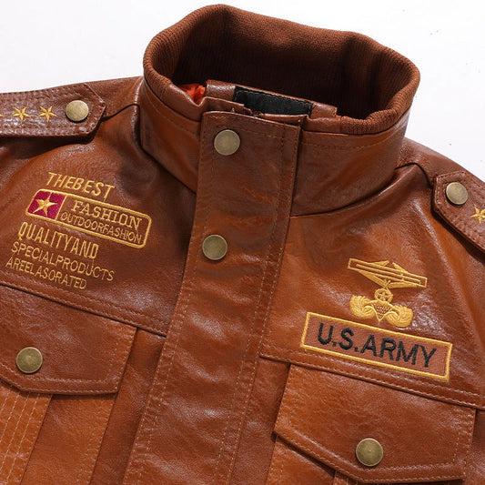 A stylish men's leather jacket with a stand collar, slim fit, and short length, offering premium quality and versatile wear.