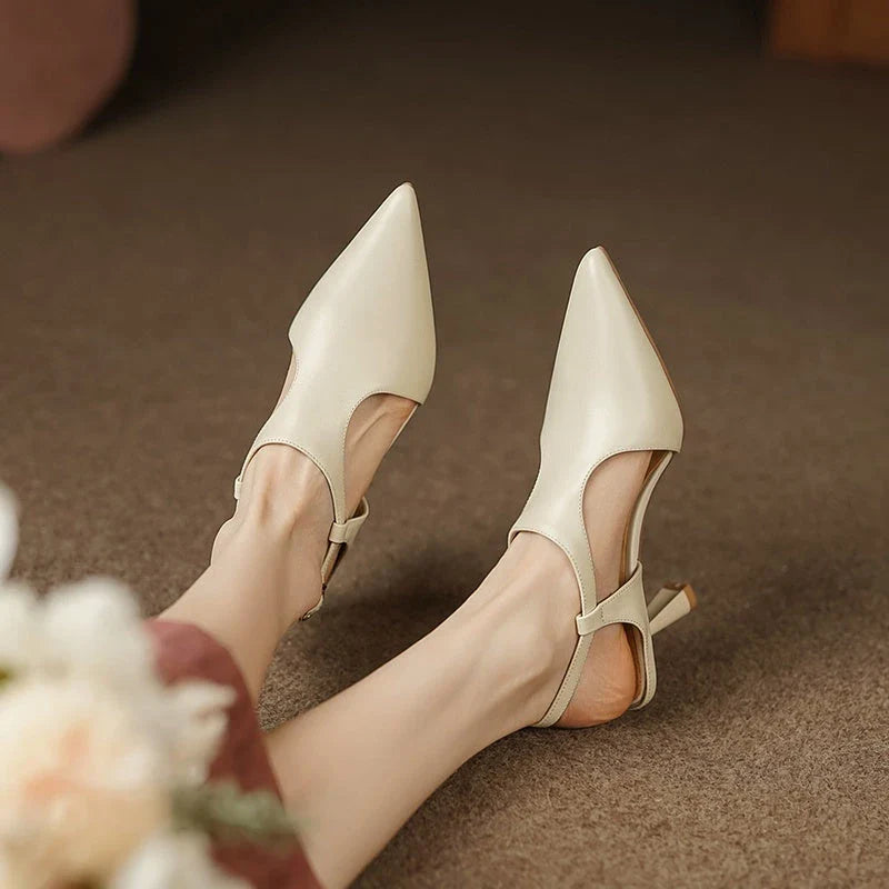 Elegant leather pointed toe high heel sandals with a sleek, sophisticated design and premium construction for a stylish and comfortable look.
