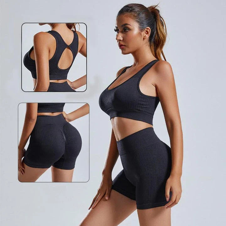 Premium seamless yoga set with women's vest and high-waisted shorts in classic black colour