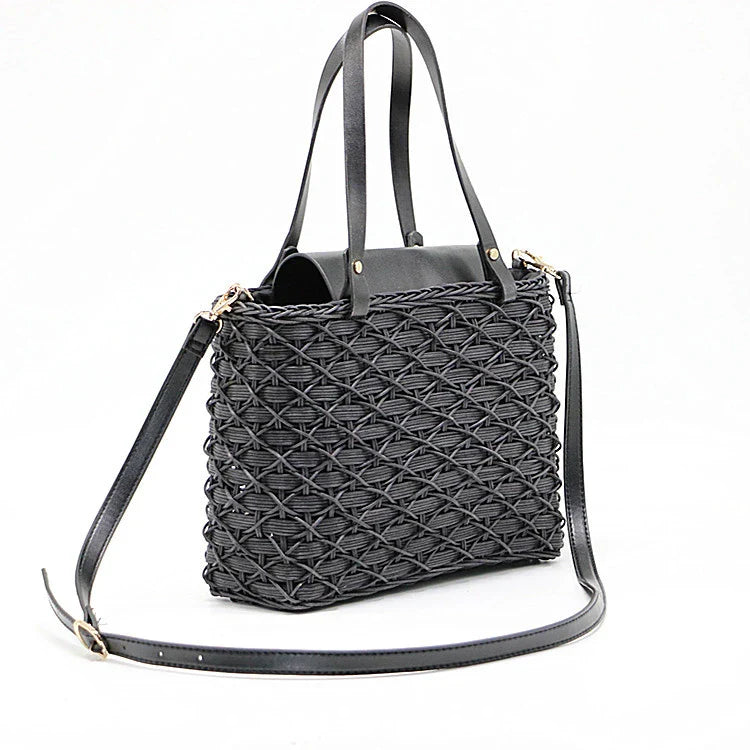 Handwoven rattan handbag in black with a sleek, elegant design for effortless style and practicality