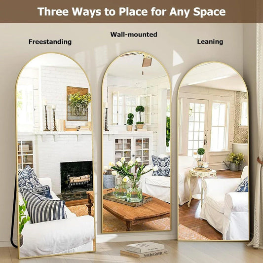 Elegant arched full-length gold mirror with premium aluminium frame, providing a high-definition reflection for your daily routine