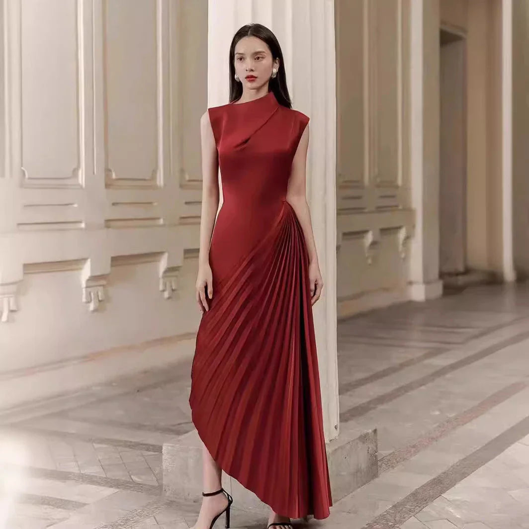 Elegant asymmetric dress in wine red and milky white with a half turtleneck design, perfect for autumn and winter wear.