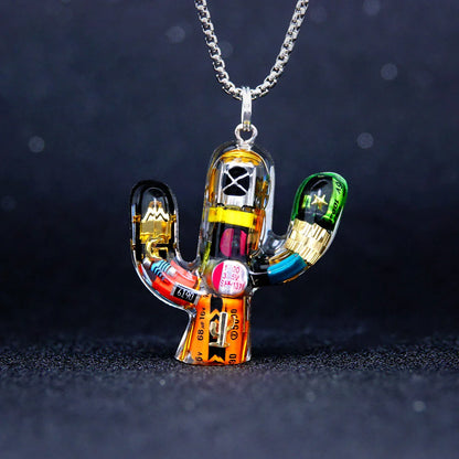 Cactus-shaped pendant necklace made of durable titanium steel with a minimalist geometric design for a sophisticated, versatile accessory