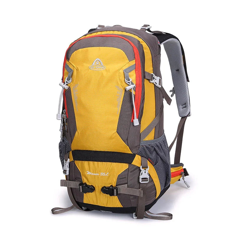 Durable outdoor climbing backpack with integrated raincover, featuring waterproof nylon construction, adjustable straps, and multiple storage compartments.