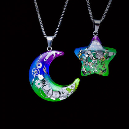 Elegant titanium steel star and moon pendant necklace with a mesmerizing cosmic-inspired design
