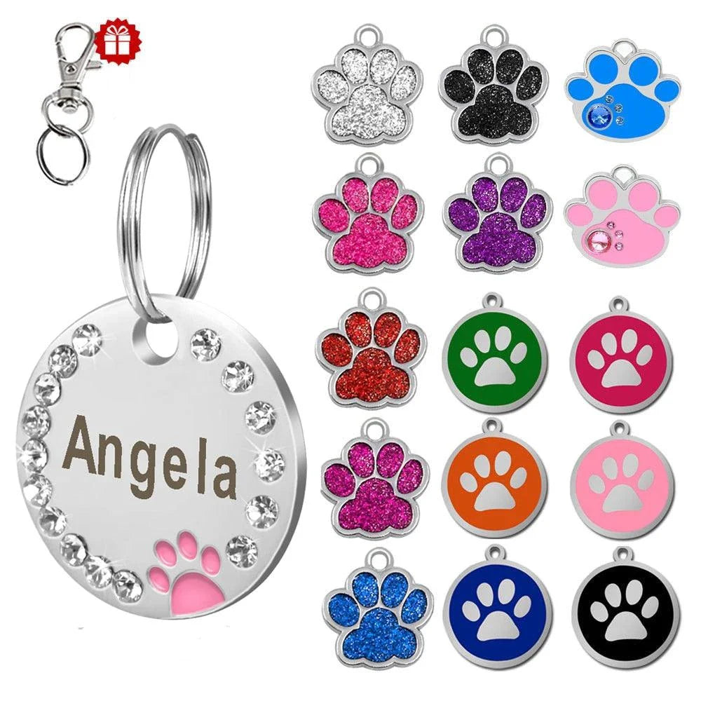 Customisable stainless steel pet ID tags in various colours, designed for identifying and protecting your beloved companion