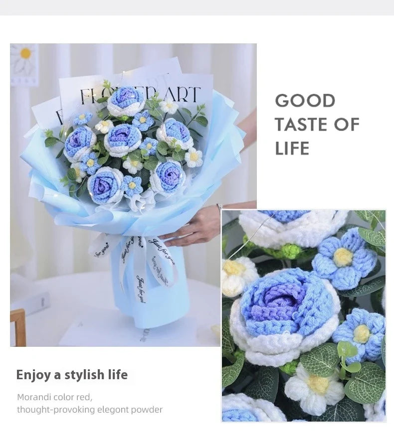Beautifully crafted knitted bouquet with vibrant sunflowers, featuring a warm LED lighting system for a captivating display