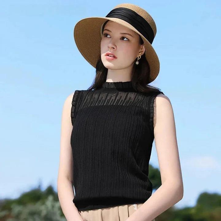Elegant lace mullet tank top with high collar, perfect for women's spring and summer fashion