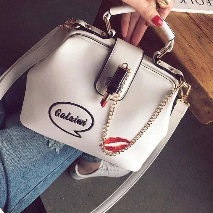 A stylish doctor's bag with a charming lipstick embroidery design, crafted from high-quality PU leather for the UK market.