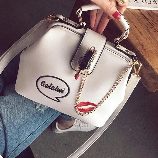 A stylish doctor's bag with a charming lipstick embroidery design, crafted from high-quality PU leather for the UK market.