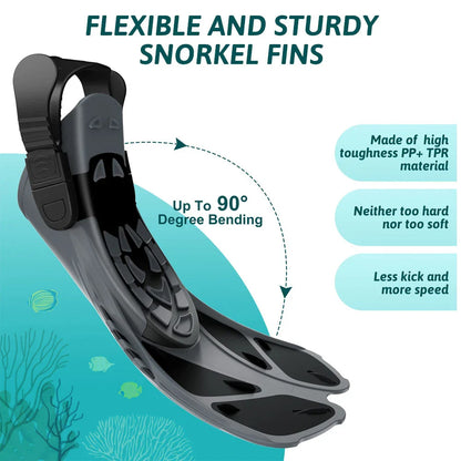 Adjustable open-heel snorkel fins with durable, lightweight construction and non-slip design for enhanced comfort and safety during underwater exploration