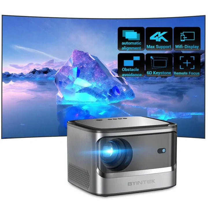 A 4K projector with automatic focus, 900 ANSI lumens of brightness, and wireless connectivity for a cinematic home entertainment experience.