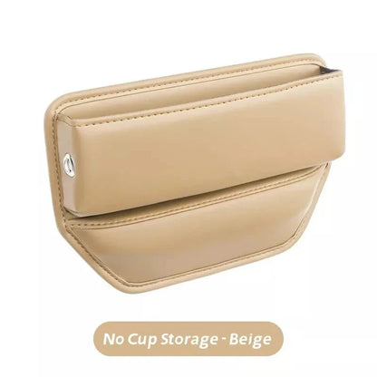 Leather Car Seat Gap Organiser with multiple storage compartments and cup holder, designed for easy installation and a sleek look in your vehicle.