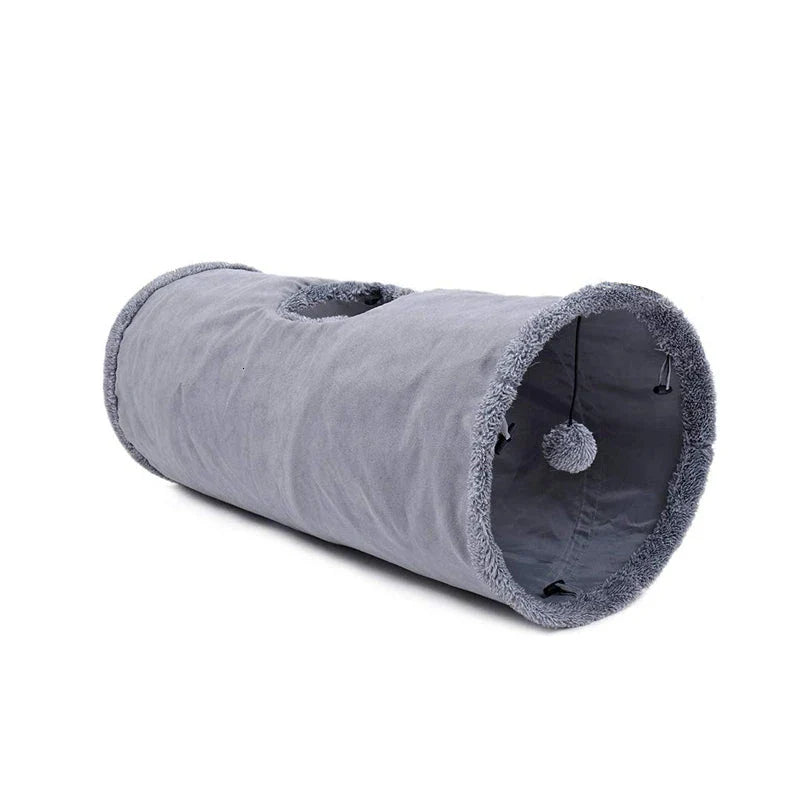 Collapsible cat tunnel made of crinkle suede with a peek hole, designed for cat play and exploration