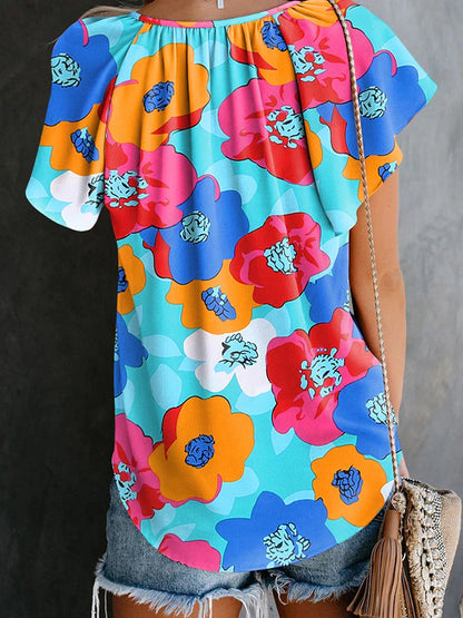 Elegant floral print drawstring v-neck short sleeve top in a pastoral, feminine style