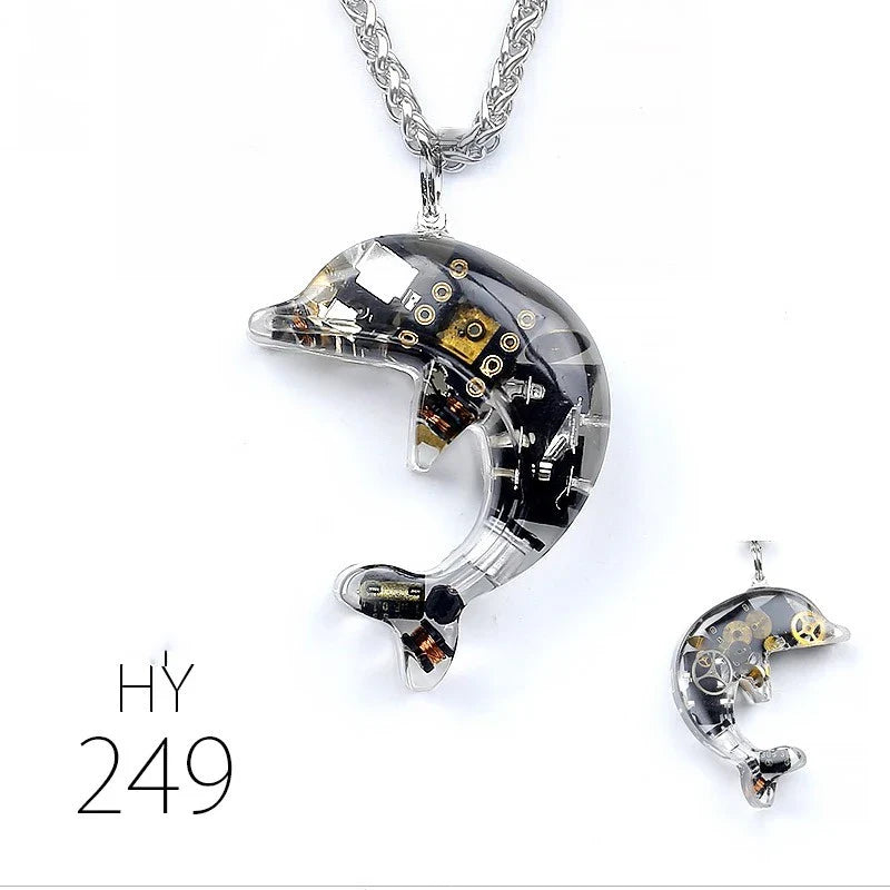 Steampunk-inspired dolphin pendant necklace with electronic components and brass accents