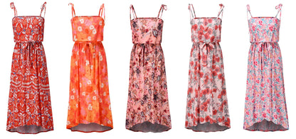 Printed camisole dress with a flattering mid-length swing skirt and a high-waisted design for a stylish, figure-enhancing look.