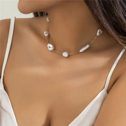 Elegant Pearl Clavicle Chain Necklace with round big pearl beads, alloy, and rhinestone elements