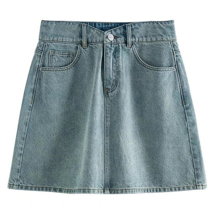 Chic high-waisted denim skirt in a classic blue shade, featuring an A-line silhouette and a flattering empire waistline.