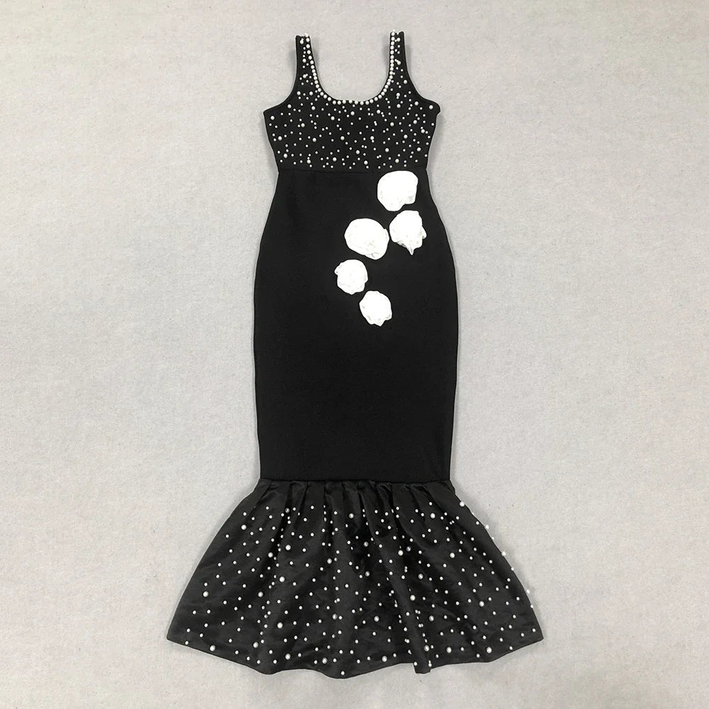 Elegant slim-fit beaded floral dress in black colour