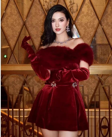 Elegant off-the-shoulder red mini dress with plush short skirt, luxurious polyester fabric, and versatile formal-to-casual design